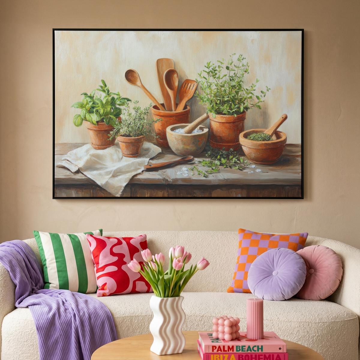 LEINWAND Bilder mit Rahmen - Töpfe - Kräuter - Holz - 140x90 - Terracotta, Textil (140/90cm) - MuchoWow