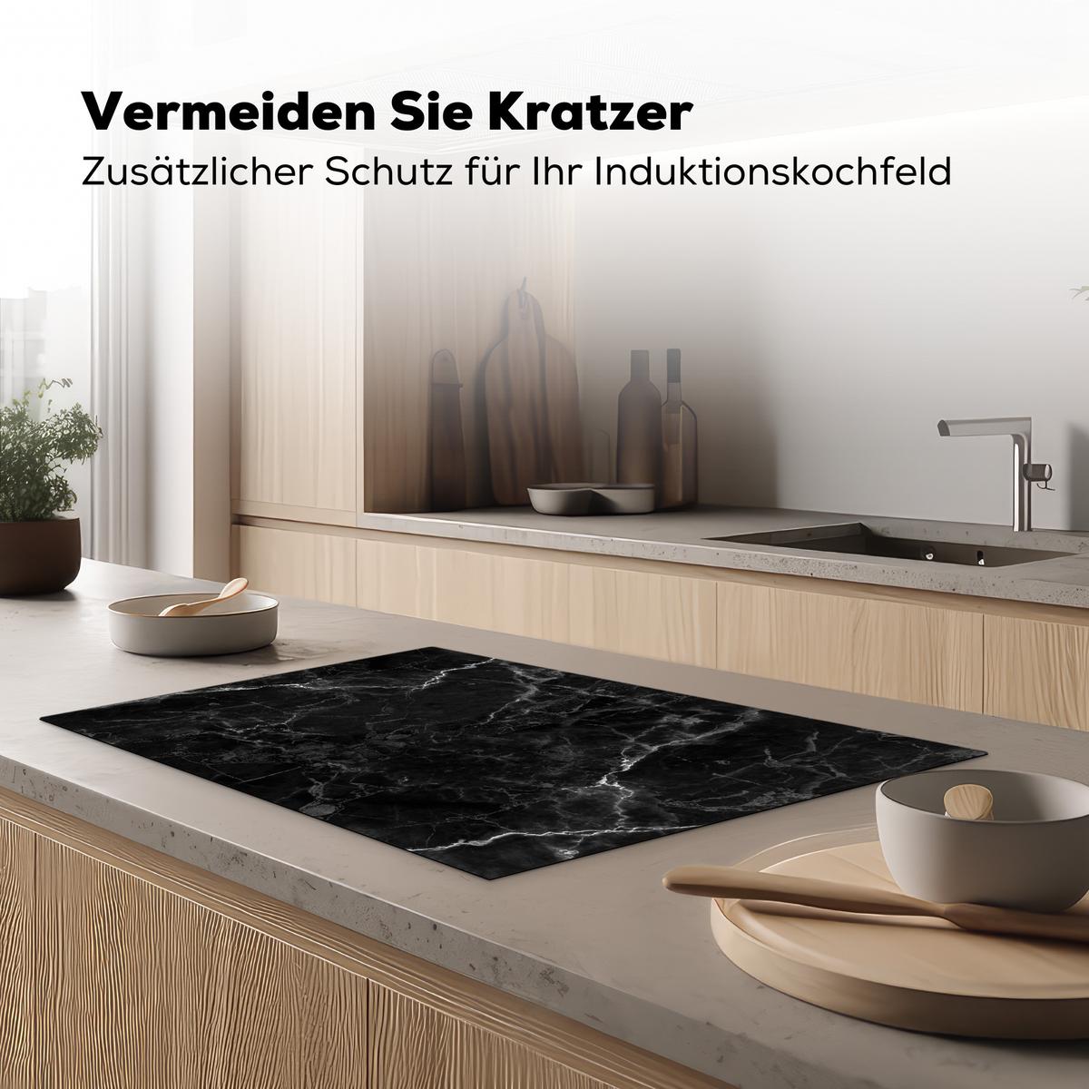 HERDABDECKPLATTE Marmor - Schwarz - Weiß - Textur - Marmoroptik Induktionsmatte 81x52 cm - Silberfarben, Kunststoff (81/52/0.2cm) - MuchoWow