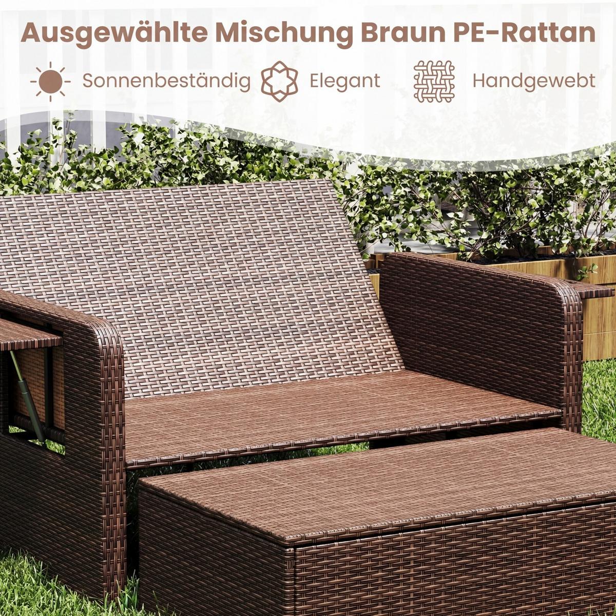 SONNENLIEGE mit Hocker und Stauraum braun - Braun, Metall (166/55/111cm) - COSTWAY