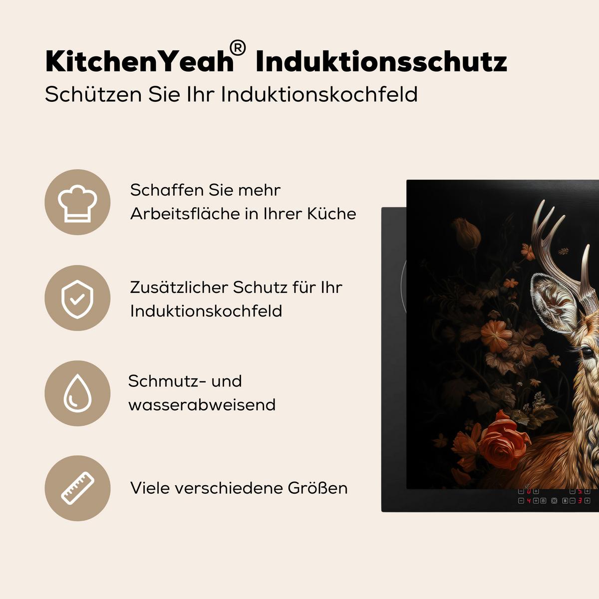 HERDABDECKPLATTE Hirsch - Tier - Blumen - Natur - Botanisch Herdabdeckung Induktionsfeld 75x52 cm - Kupferfarben, Kunststoff (75/52/0.2cm) - MuchoWow