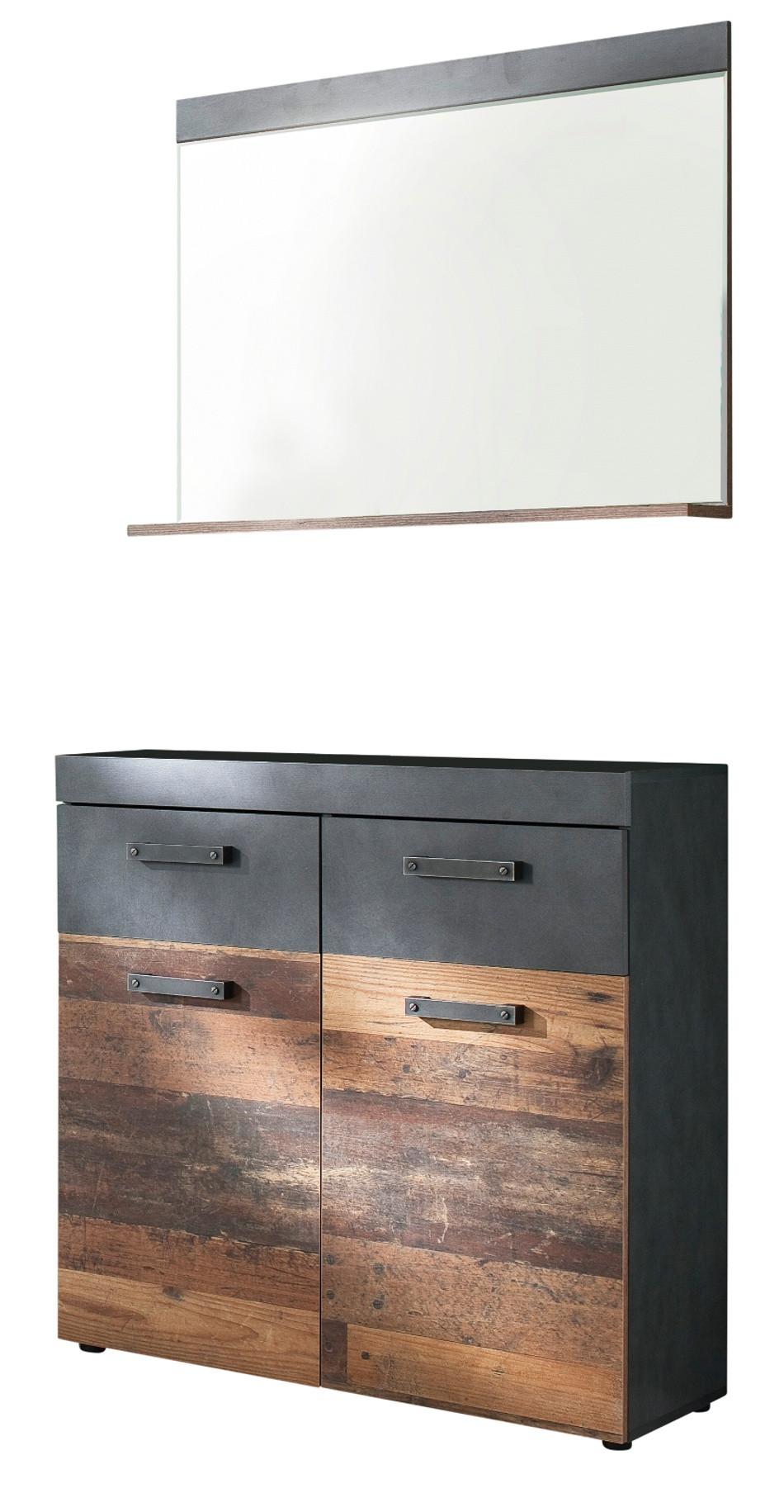 GARDEROBE Old Used Wood mit grau 2-teilig 90 x 192 cm, Set mit Spiegel - Silberfarben/Schwarz, Glas/Holzwerkstoff (90/192/34cm) - Top.Furn