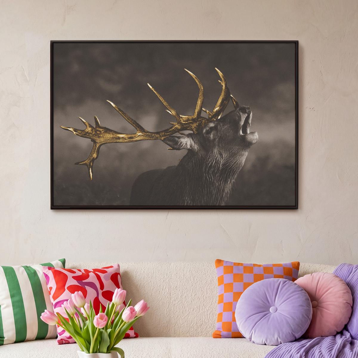 LEINWAND Bilder mit Rahmen - Rotwild - Schwarz - Gold - 90x60 - Braun, Textil (90/60cm) - MuchoWow