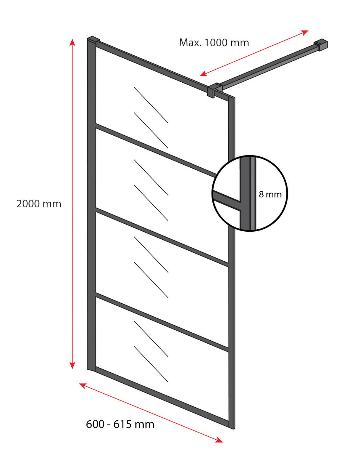 DUSCHWAND Essos - 60 x 200 cm - Schwarz - Walk-In Duschabtrennung aus Sicherheitsglas - Schwarz, Glas (60/200cm) - Badplaats