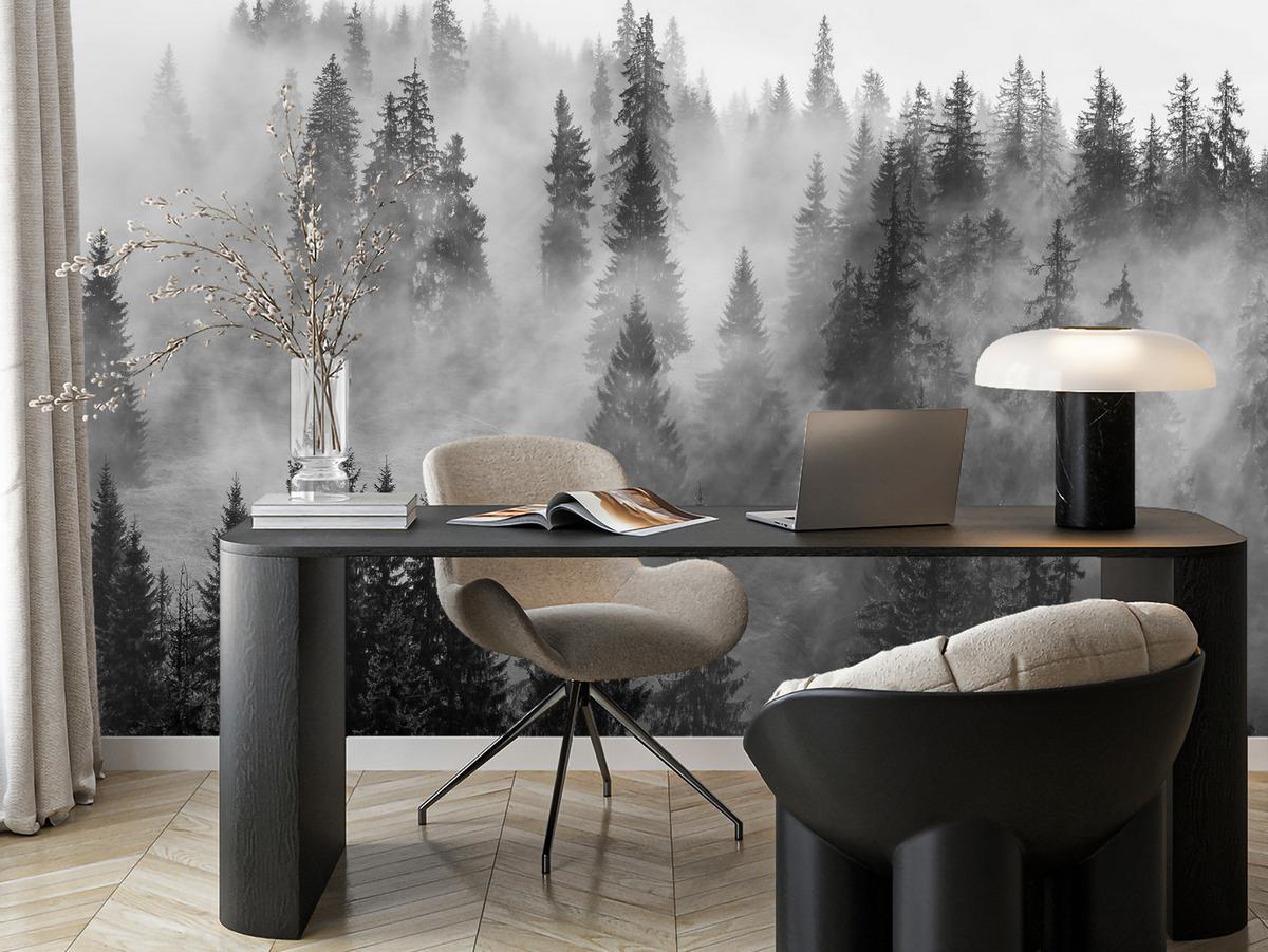 FOTOTAPETE Schwarz-weißer Wald im Nebel Natur 150x105 - Schwarz/Grau, Papier (150/105cm) - Muralo