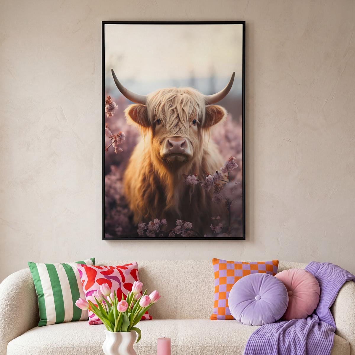 LEINWAND Bilder mit Rahmen - Schottischer Hochländer - Frühling - Hochland - 90x140 - Hellrosa, Textil (90/140cm) - MuchoWow