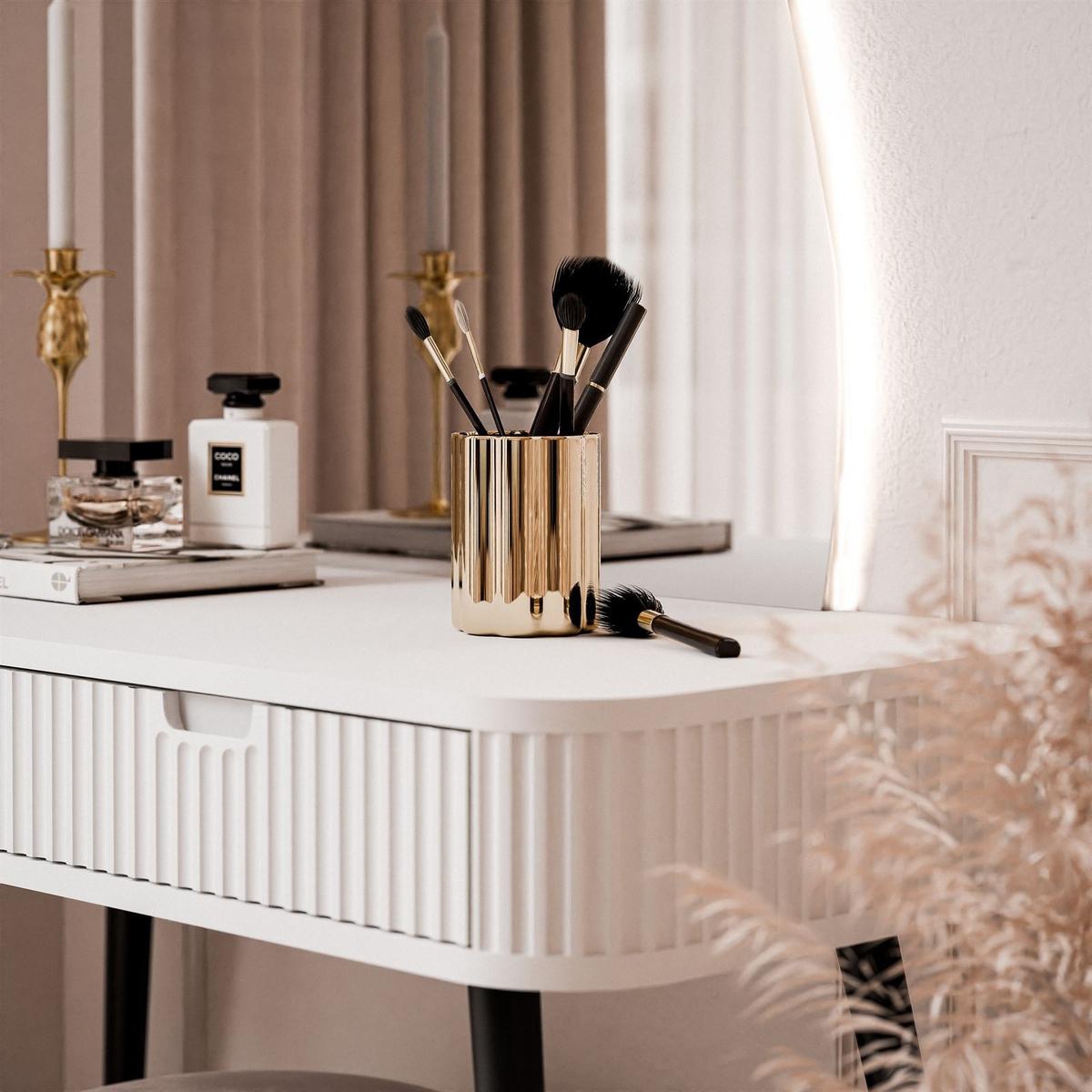 SCHMINKTISCH ZAIRA-QS mit LED Spiegel Rechte Weiß - Weiß, Holzwerkstoff (103/80/49cm) - Lookway