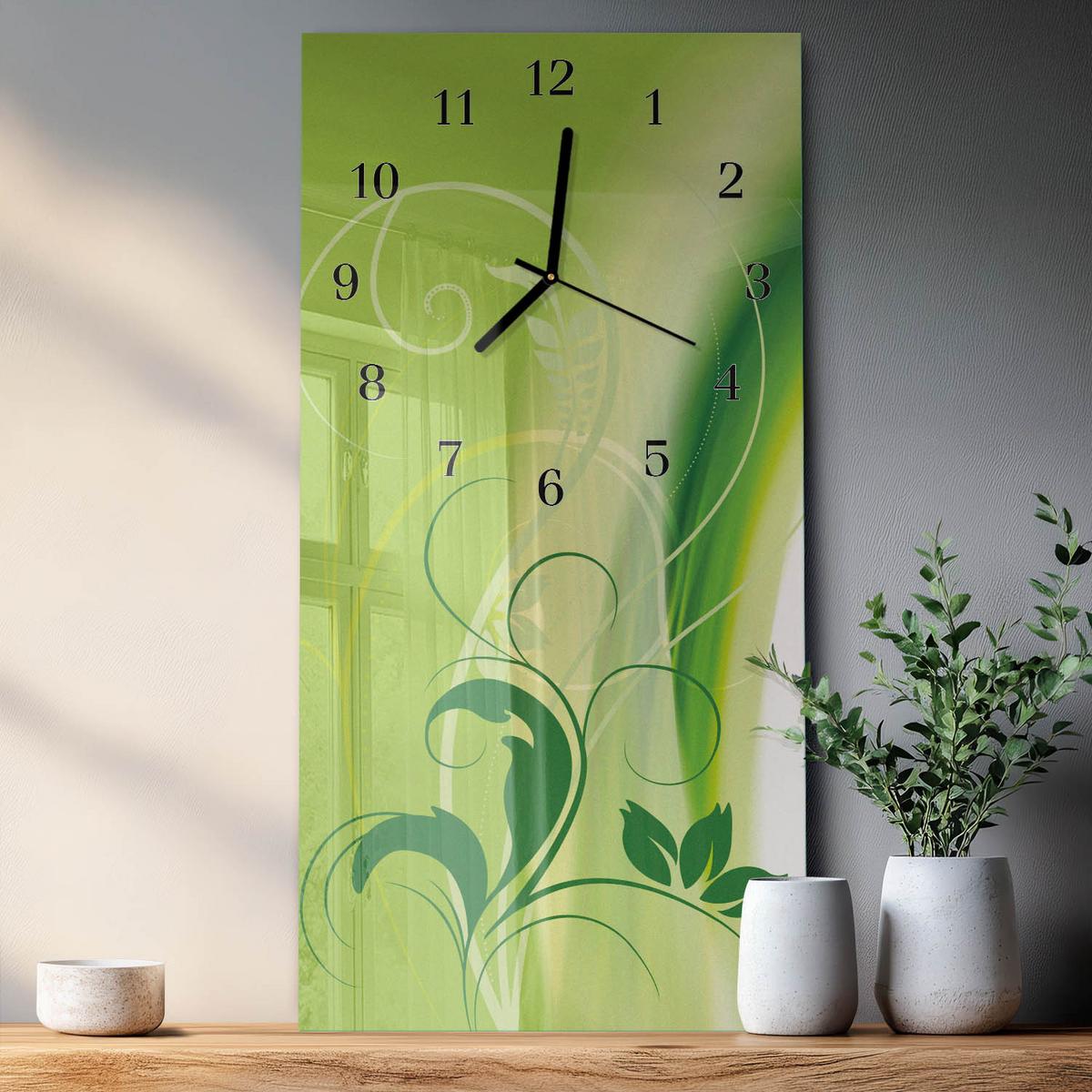 WANDUHR aus Glas 30x60 cm - Blumenmuster - Grün, Glas (30/60/0.4cm) - TULUP