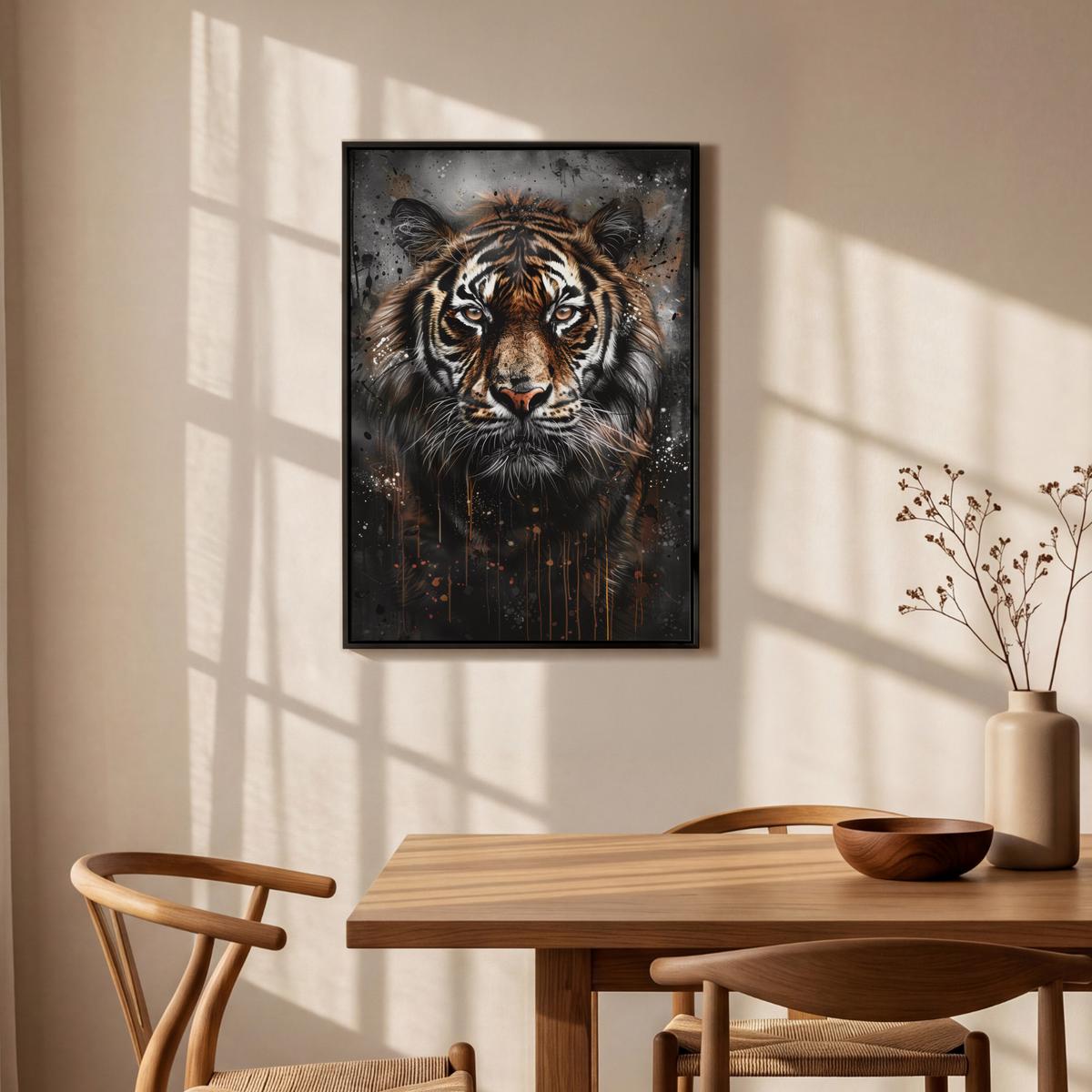 LEINWAND Bilder mit Rahmen - Tiger - Tiere - Porträt - Luxus - Schwarz - 60x90 - Braun, Textil (60/90cm) - MuchoWow