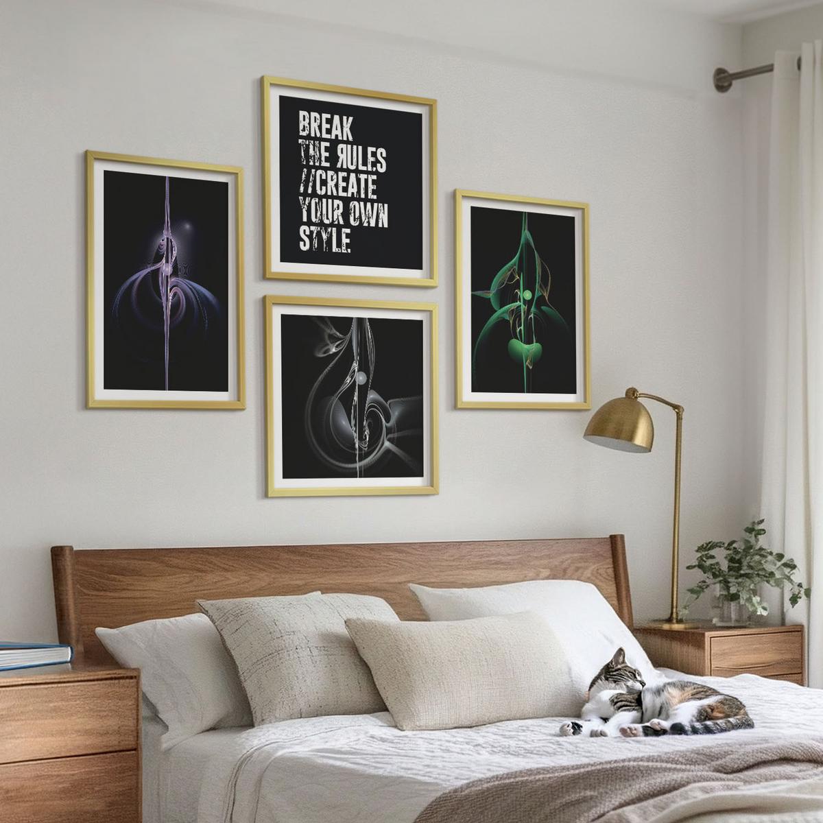 BILDER SET 4er Set - 50x50 cm & 40x60 cm Goldrahmen - Abstrakte schwarze Muster - Goldfarben, Kunststoff (50/50cm) - TULUP