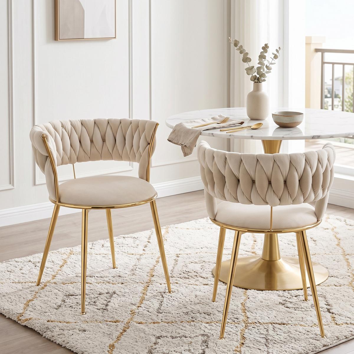 ESSZIMMERSTUHL 2er Set Samt Ivory & Gold mit geflochtener Rückenlehne - Magnolie, Textil (57/70/43cm) - Urban Meuble