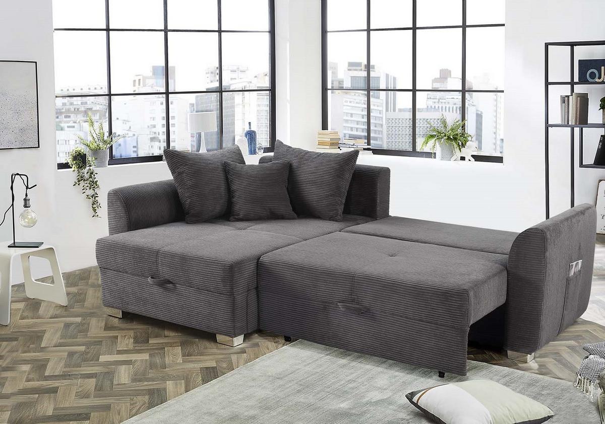 ECKSOFA mit Schlaffunktion und Bettkasten, seitenverkehrt montierbar B236/T160/H81 cm, Liegefl. 142x202 cm, Cord Dunkelgrau / 15202 - Chromfarben/Dunkelgrau, Kunststoff/Textil (236/160cm) - luma-home