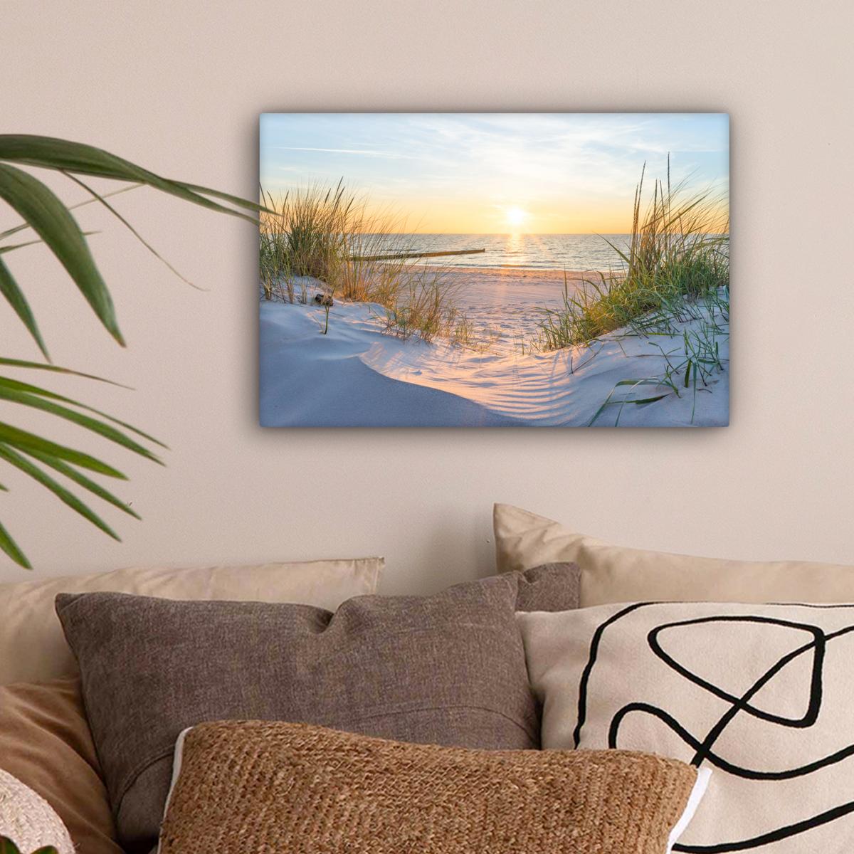 LEINWANDBILD Strand - Sonne - Düne - Gras - Sand - Horizont Deko Schlafzimmer 30x20 cm - Hellblau, Textil (30/20cm) - MuchoWow