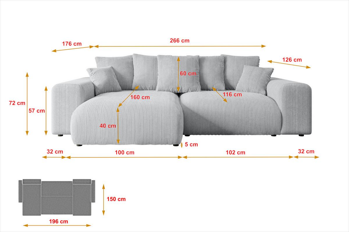 ECKSOFA Ottomane rechts ESKAR-L 266x176x72 Grau Cord - Schwarz/Grau, Holzwerkstoff/Kunststoff (176/266cm) - ALTDECOR