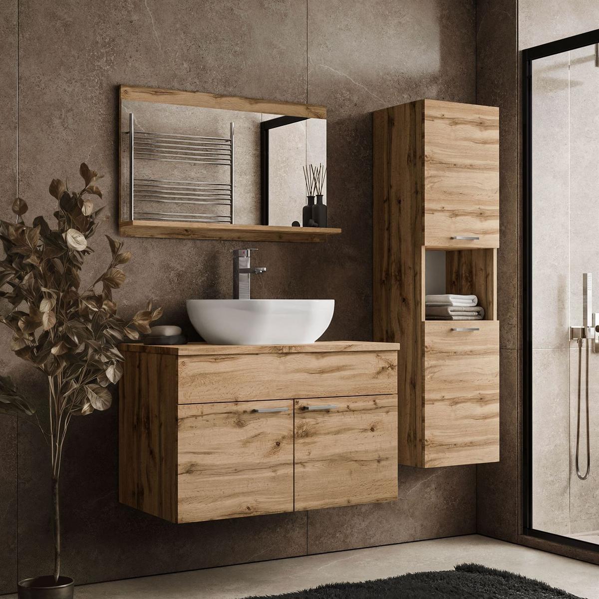 BADMÖBEL-SET LUMIRE LOFT Wotan Eiche mit Spiegel - Braun, Holzwerkstoff (80/52/46cm) - Lookway