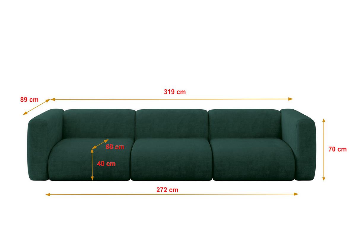 MODULARES Sofa 3-SITZER MIRA-S2 319x89x70 Grün cm Velours - Dunkelgrün/Schwarz, Holzwerkstoff/Kunststoff (319/70/89cm) - ALTDECOR