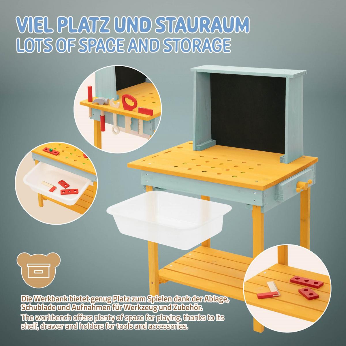WERKBANK KINDER HOLZ ‎101x37x81 cm ‎Gelb-Türkis - Gelb, Holz/Kunststoff (101/81/37cm) - Joyz