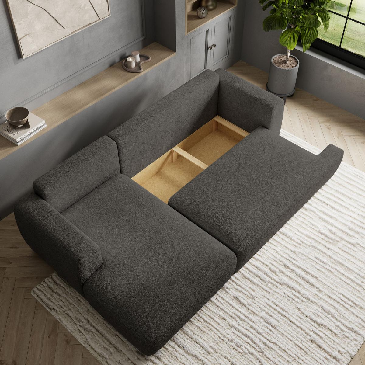 ECKSOFA SENTI N L-S Grau Boucle-Stoff mit Schlaffunktion - Schwarz/Grau, Holz/Kunststoff (246/148cm) - MASSENO