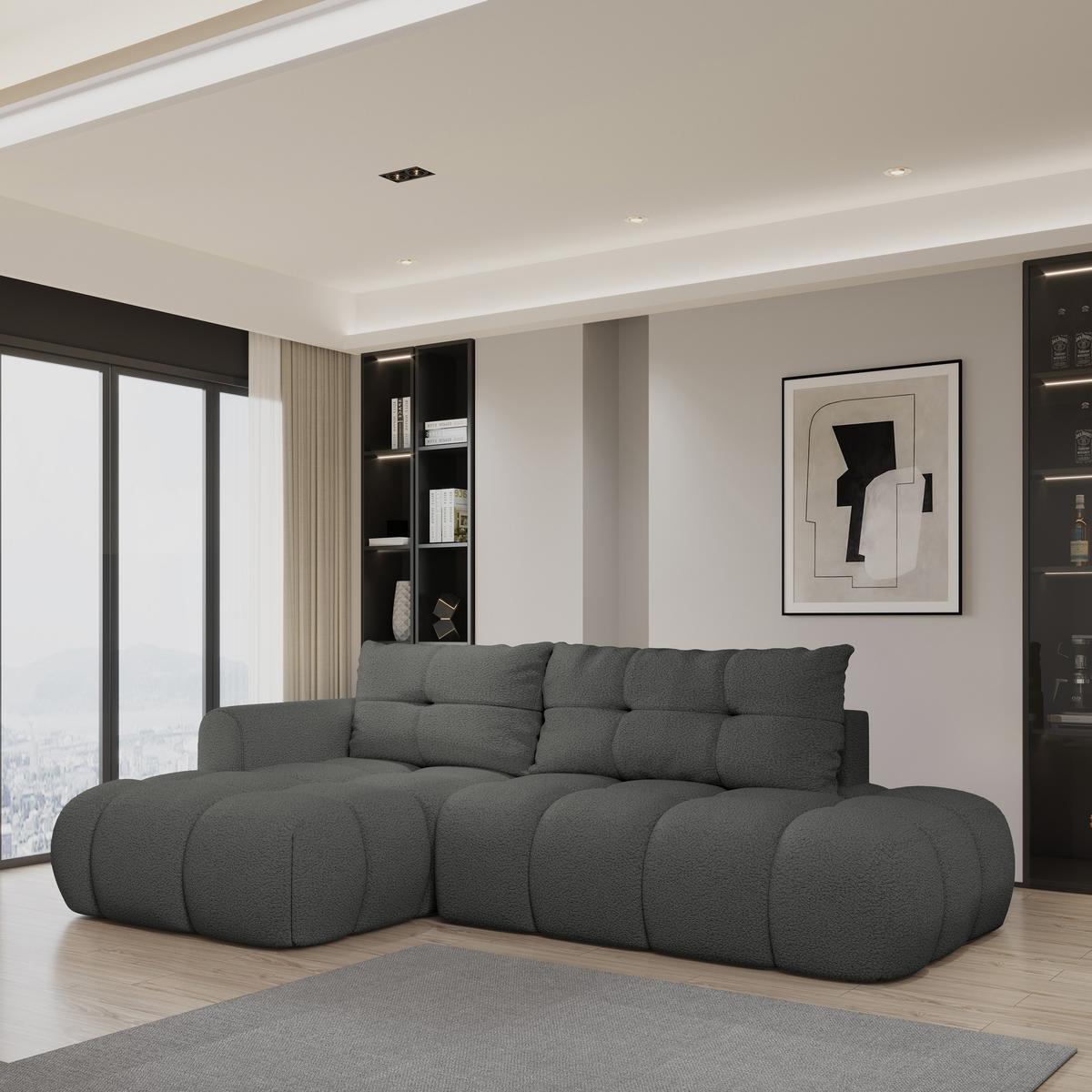 ECKSOFA FLUMA L-S Grau Boucle-Stoff mit Schlaffunktion - Grau, Holz (279/158cm) - MASSENO