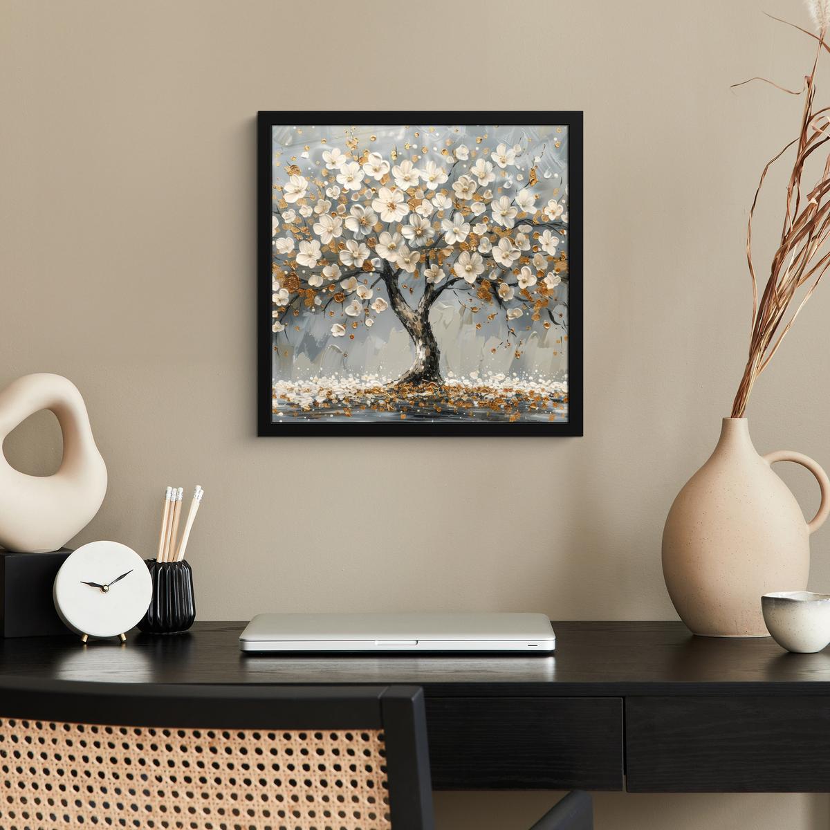POSTER MIT RAHMENGERAHMTES BILD Baum - Blumen - Weiß - Natur - Kunst 40x40 cm - Weiß, Papier (40/40cm) - MuchoWow