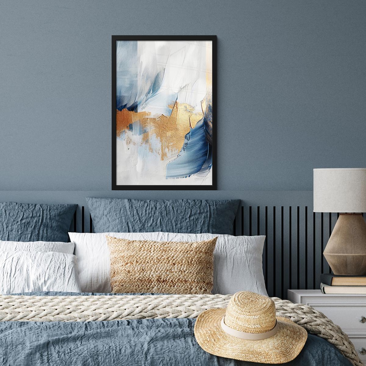 POSTER MIT RAHMEN Gold - Blau - Aquarell - Kunst - Modern Bilder mit Rahmen 40x60 cm - Hellblau, Papier (40/60cm) - MuchoWow