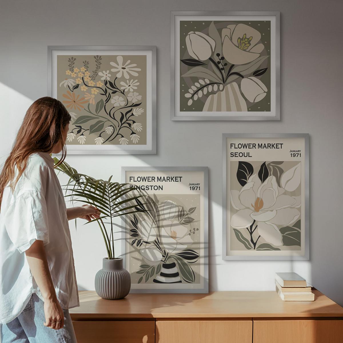 BILDER SET 4er Set - 50x50 cm & 40x60 cm Silberner Rahmen - Kingston Seoul Retro-Blumen - Silberfarben, Kunststoff (50/50cm) - TULUP