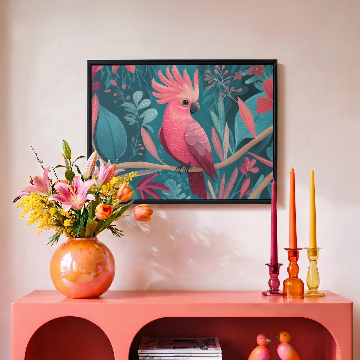 LEINWAND Bilder mit Rahmen - Kakadu - Tropische Blätter - Zweig - 40x30 - Petrol, Textil (40/30cm) - MuchoWow