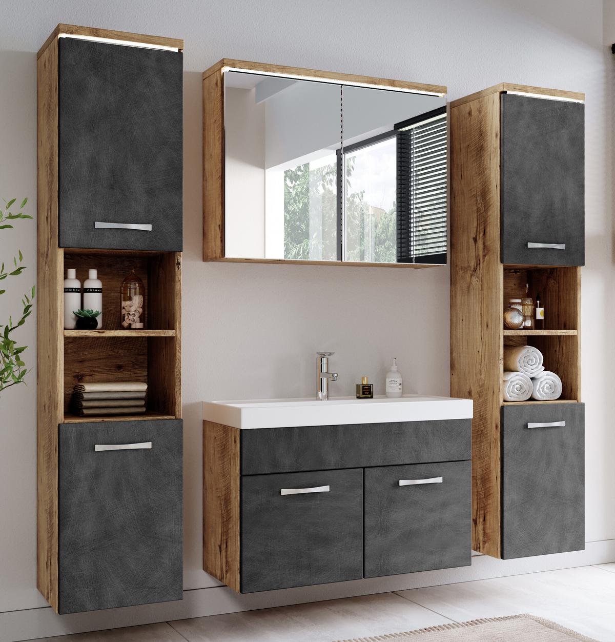 BADEZIMMERSCHRANK Paso mit 2 Türen Kastanien Eiche / Grau - 35 x 35 x 160 cm - Eichefarben/Grau, Holz (35/160/35cm) - Badplaats