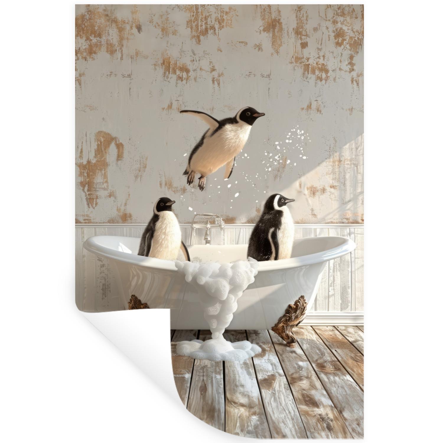 WANDTATTOO Vintage - Pinguin - Badewanne - Schaumstoff Wandbild 40x60 cm - Schwarz, Kunststoff (40/60/0.1cm) - MuchoWow
