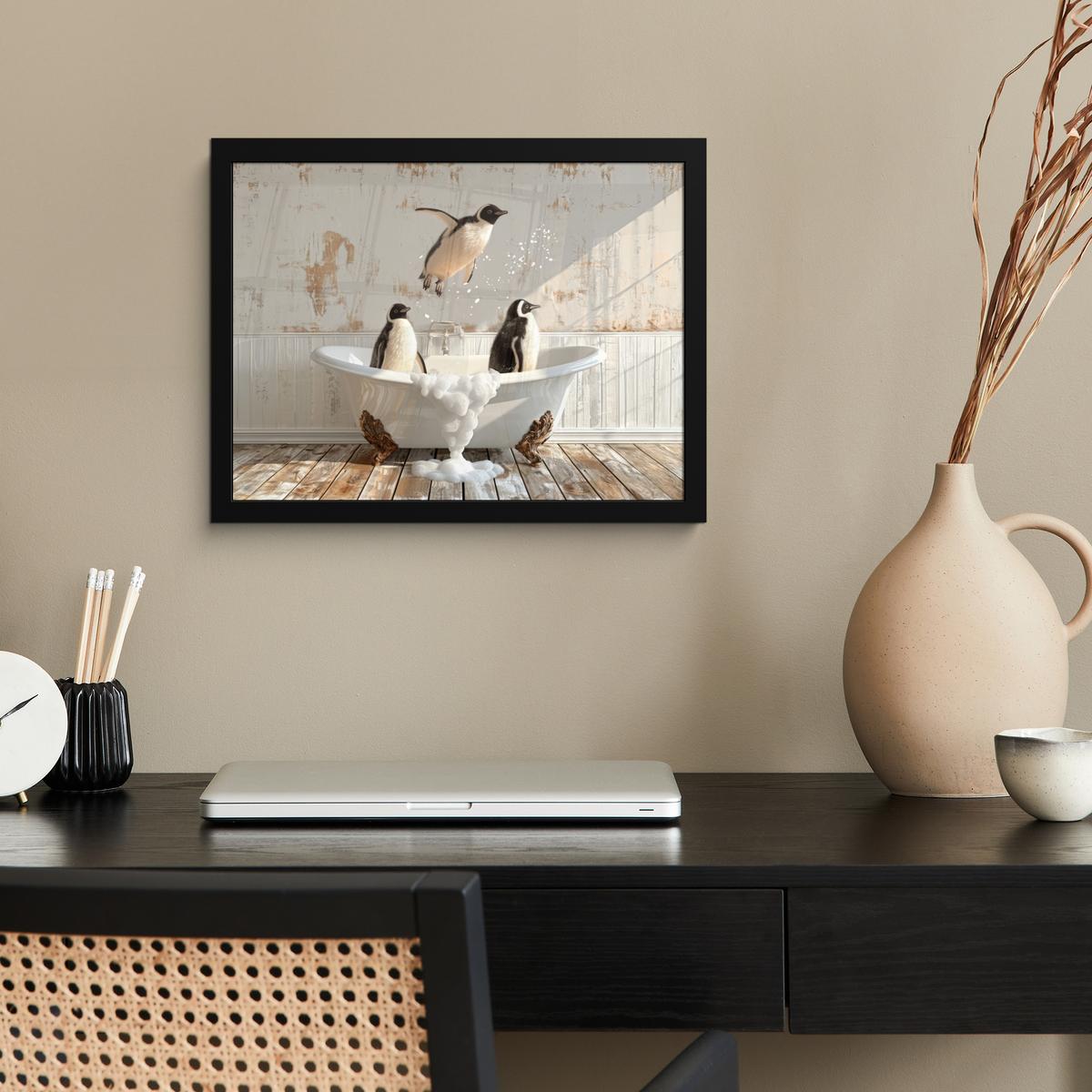 POSTER MIT RAHMENGERAHMTES BILD Vintage - Pinguin - Badewanne - Schaumstoff 40x30 cm - Schwarz, Papier (40/30cm) - MuchoWow