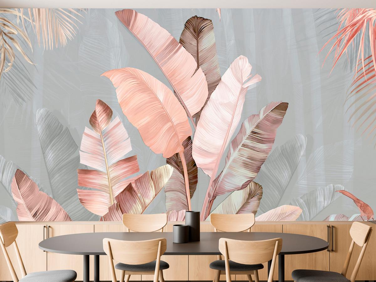 FOTOTAPETE für Esszimmer Tropische Pastell Bananenblätter 350x256 - Beige/Rosa, Papier (350/256cm) - Muralo