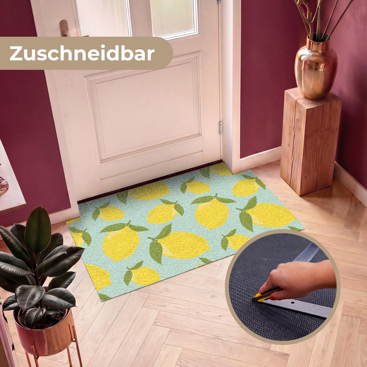 FUSSMATTE Muster Zitronen - Gelb - Blau - Muster - Früchte Flurteppich 120x80 cm - Gelb, Kunststoff (120/0.4cm) - MuchoWow