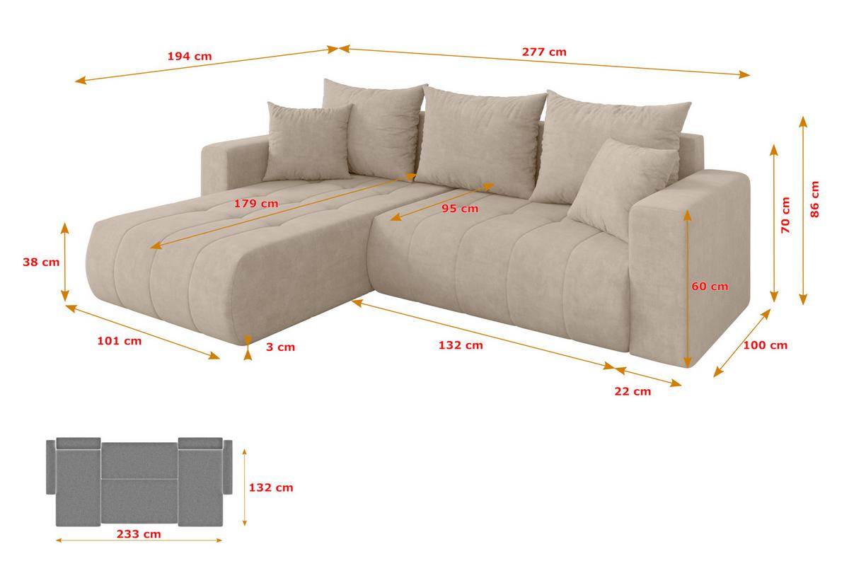 ECKSOFA mit Schlaffunktion Ottomane Links MILA-L 277x194x86 Beige Velours - Schwarz/Sahara, Holzwerkstoff/Kunststoff (277/194cm) - ALTDECOR