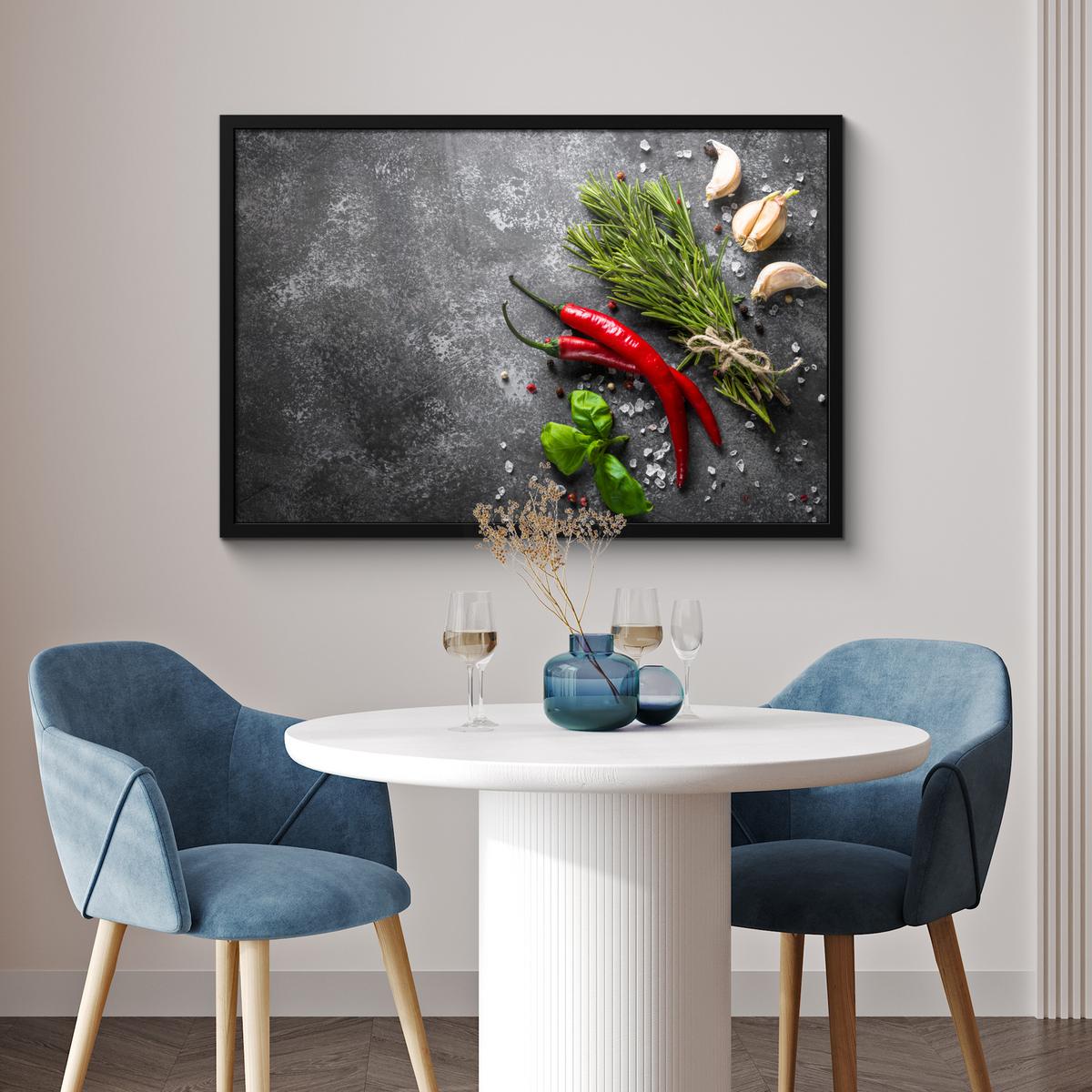 POSTER MIT RAHMENGERAHMTES BILD Pfeffer - Kräuter - Gewürze - Beton 90x60 cm - Dunkelgrau, Papier (90/60cm) - MuchoWow