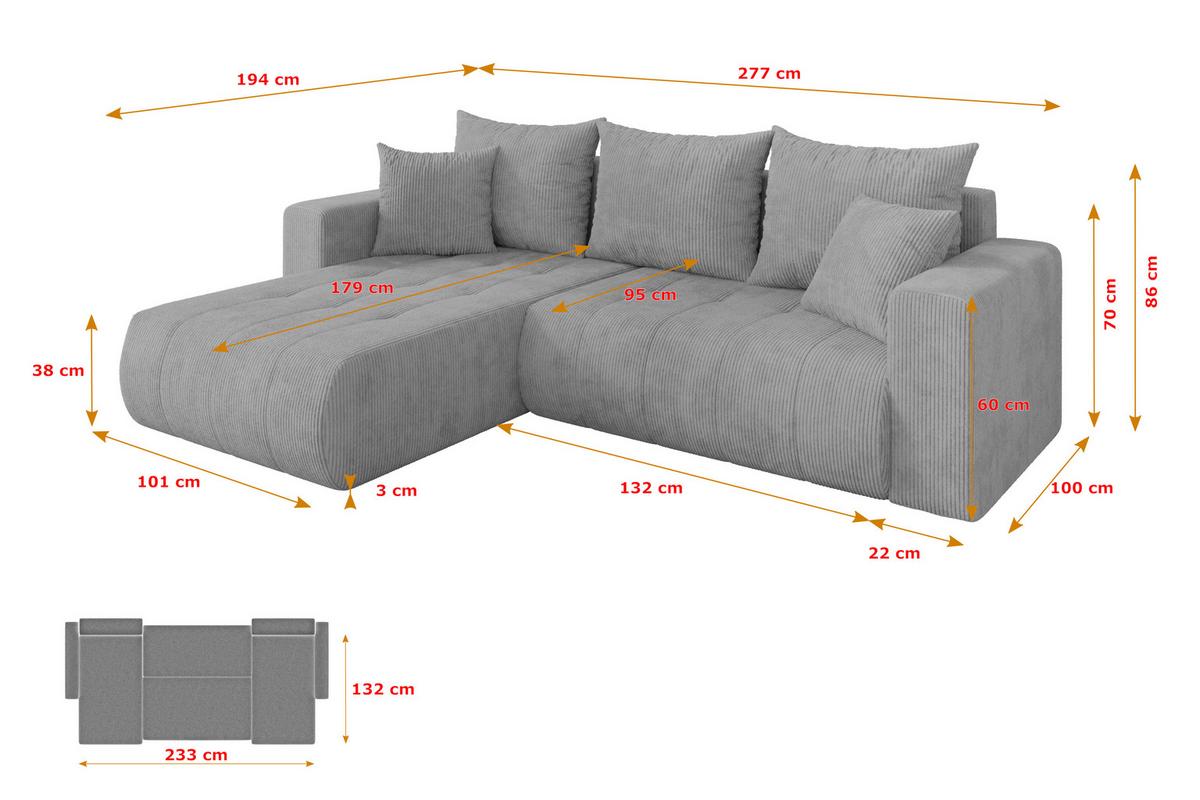 ECKSOFA mit Schlaffunktion Ottomane Links MILA-L 277x194x86 Grau Cord - Schwarz/Grau, Holzwerkstoff/Kunststoff (277/194cm) - ALTDECOR