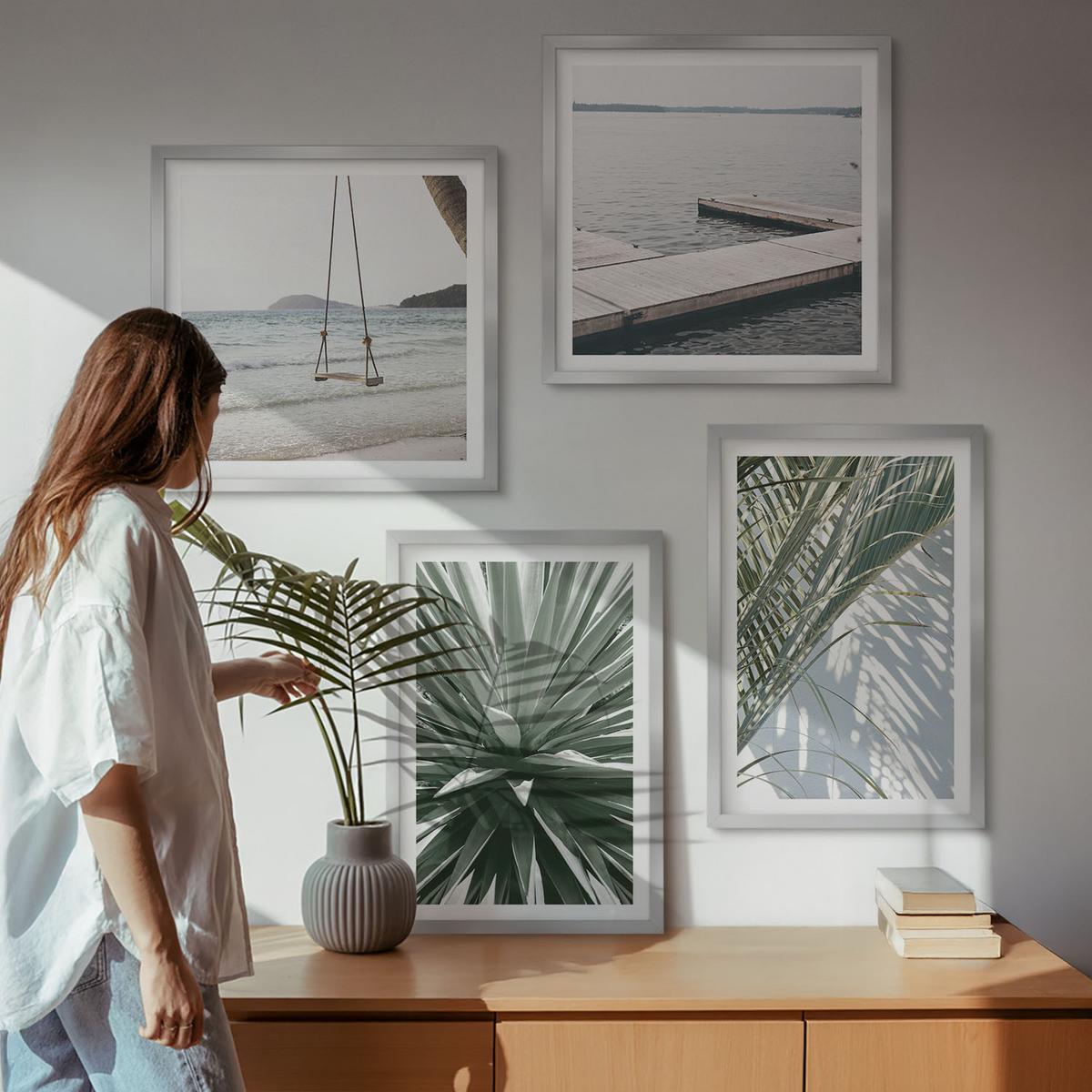 BILDER SET 4er Set - 50x50 cm & 40x60 cm Silberner Rahmen - Hängebrücke aus Palmenblättern - Silberfarben, Kunststoff (50/50cm) - TULUP