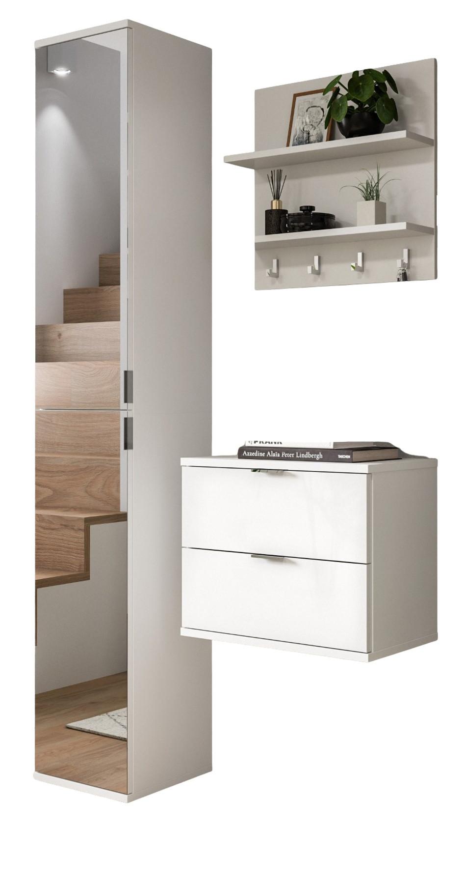 GARDEROBE Set 3-teilig weiß Hochglanz 97 cm, Komplettset mit Spiegel - Chromfarben/Weiß Hochglanz, Glas/Holzwerkstoff (97/193/34cm) - Inn.Furn