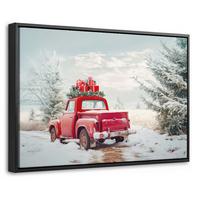 LEINWAND Bilder mit Rahmen - Auto - Rot - Geschenke - Winter - Schnee - Weihnachten - 30x20 - Rot, Textil (30/20cm) - MuchoWow