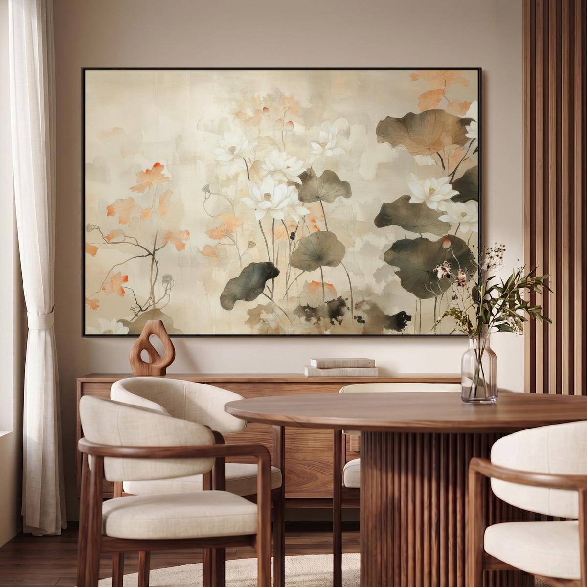 LEINWAND Bilder mit Rahmen - Blumen - Japandi - Wabi sabi - 120x80 - Sandfarben, Textil (120/80cm) - MuchoWow