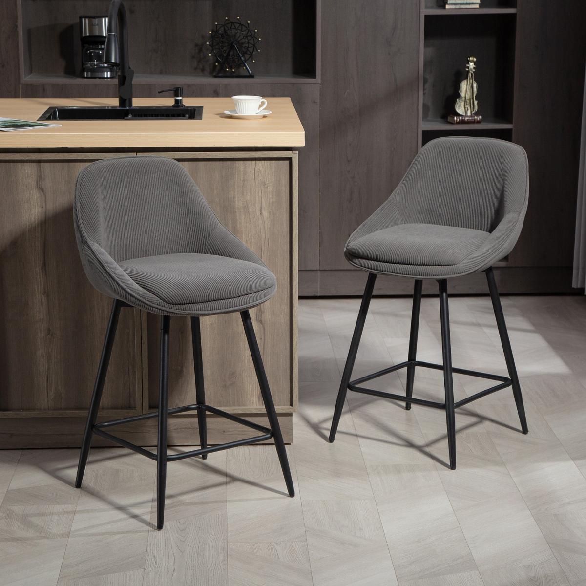 BARHOCKER 2er Set mit Fußstütze Rückenlehne Kord-Optik Grau - Schwarz/Grau, Textil (49/88/52cm) - HOMCOM