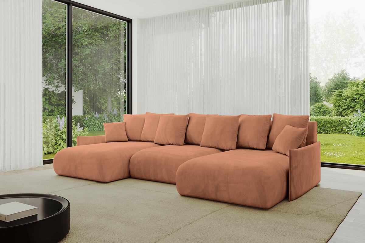 WOHNLANDSCHAFT mit Schlaffunktion und Bettkasten ONESK-U-v1 317x177x72 Koralle Velours - Koralle, Holzwerkstoff/Kunststoff (317/72/177cm) - ALTDECOR