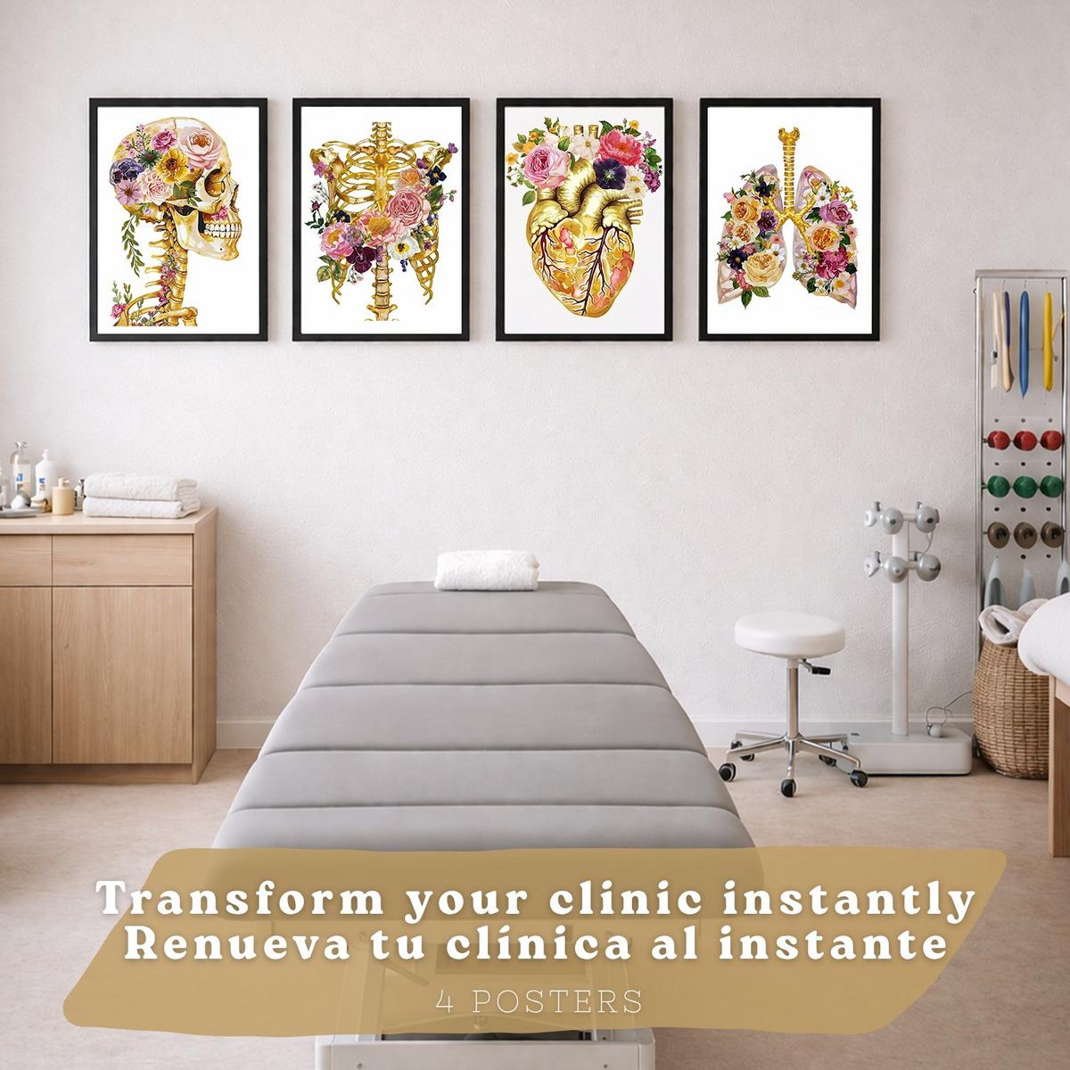 POSTER Set aus 4 Anatomie Mensch Drucke und Wandbilder mit Schädel Skelett Herz und Goldene Lungen Wanddekoration Größe Schwarzer Rahmen A3 - Schwarz, Papier (29.7/42/3cm) - Nacnic