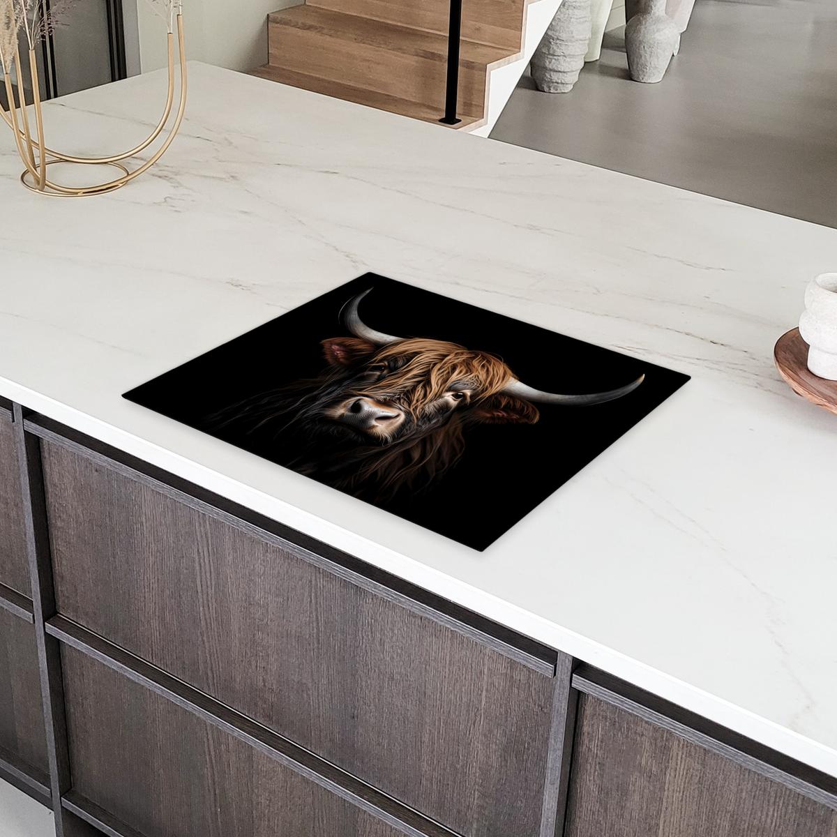 HERDABDECKPLATTE Schottischer Highlander - Porträt - Schwarz - Tier Herdabdeckung Induktionsfeld 65x52 cm - Braun, Kunststoff (65/52/0.2cm) - MuchoWow