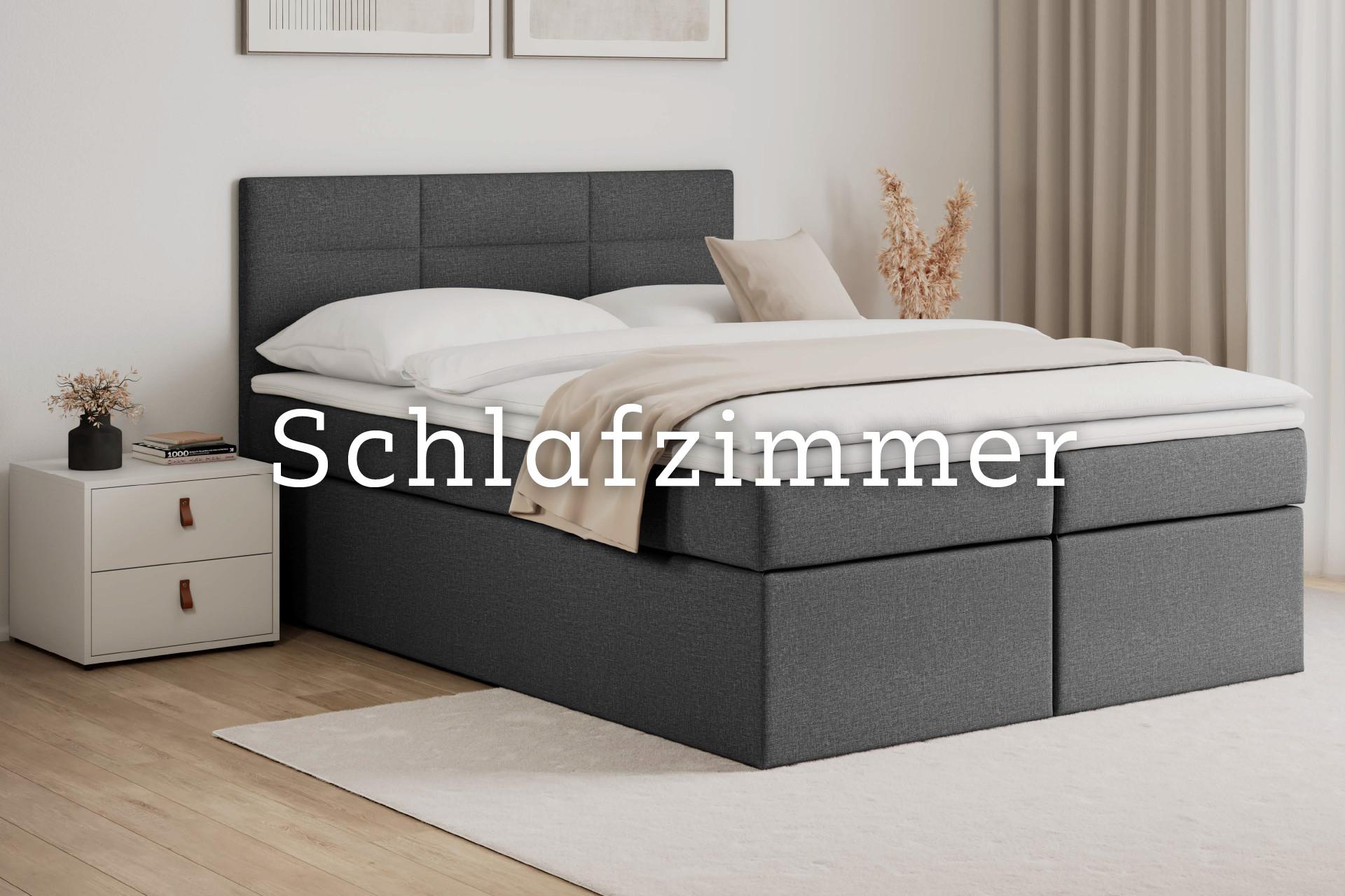 Dunkelgraues Bett und weißes Nachtkästchen, Schlafzimmer