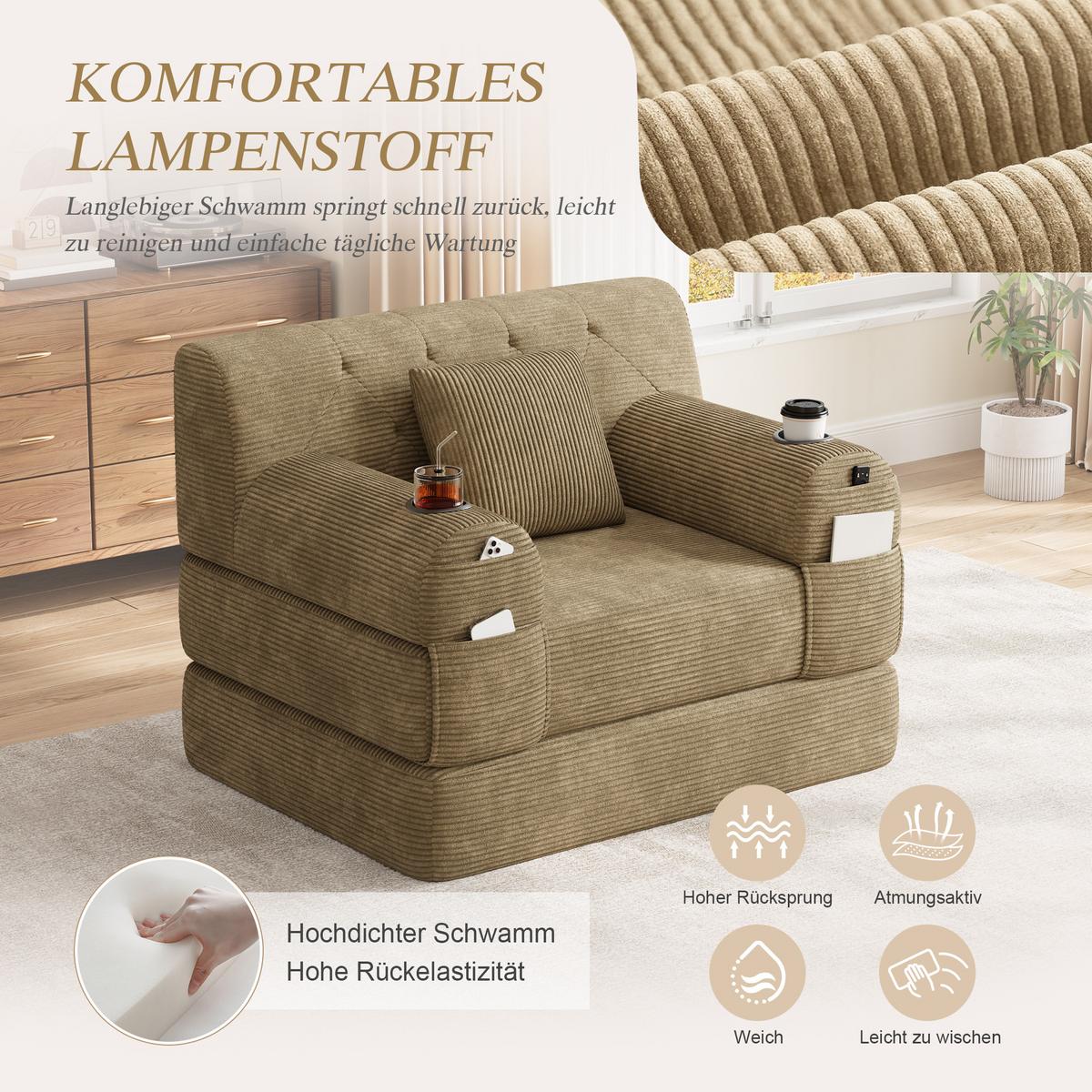 SCHLAFSOFA Cord mit Schlaffunktion, Getränkehalter & Taschen - Sandfarben, Textil (107/81/80cm) - Urban Meuble