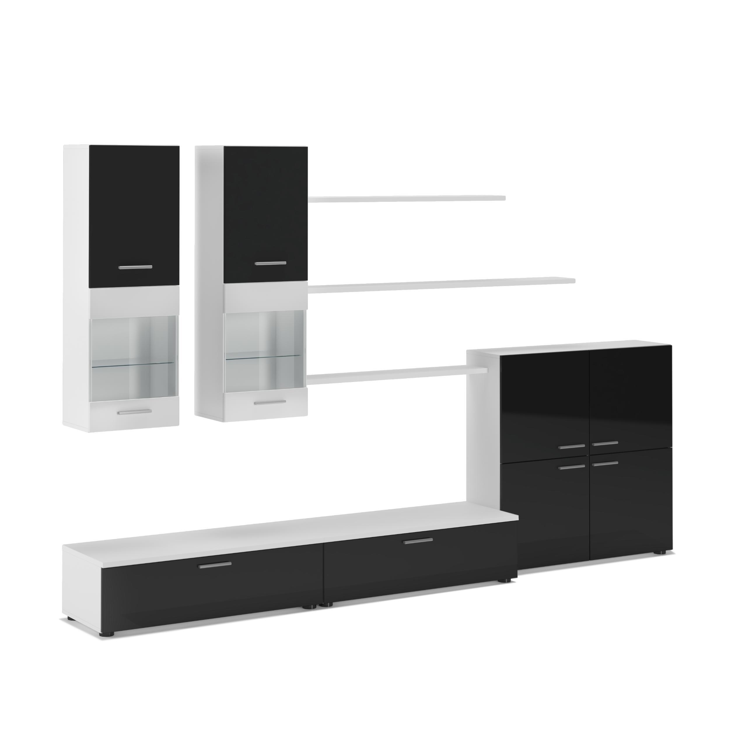 WOHNWAND mit LEDs, weiß, schwarz lackiert, 300/42/189cm - Weiß Hochglanz/Schwarz, Holzwerkstoff/Kunststoff (300/189/42cm) - Skraut Home