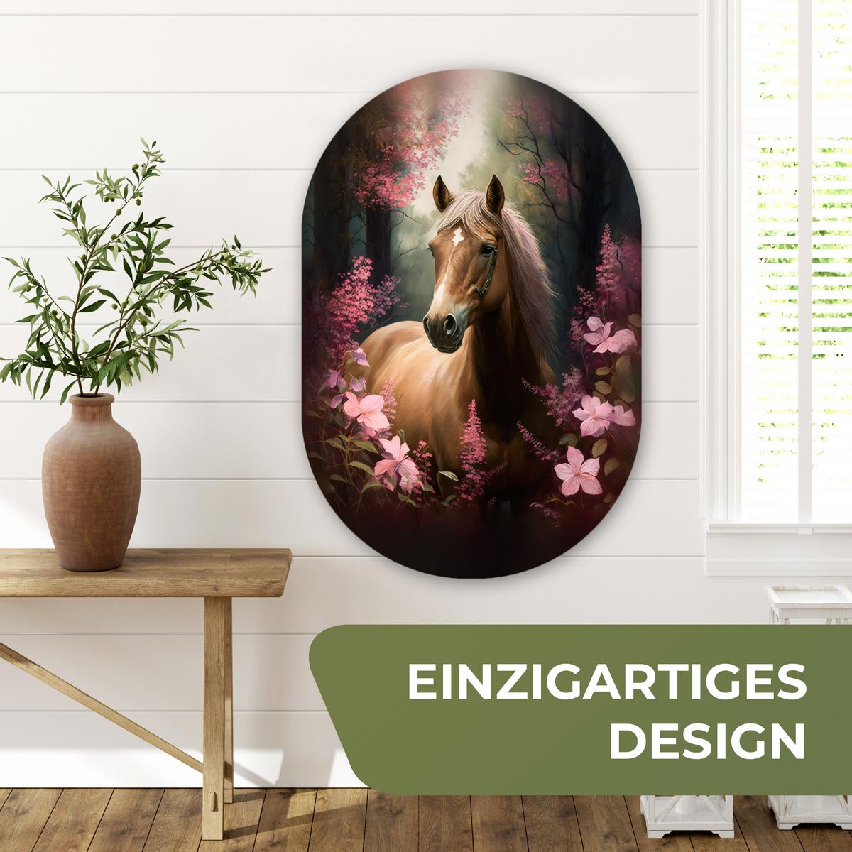WANDBILD Pferd - Blumen - Rosa - Natur - Wald Wanddeko Schlafzimmer 60x90 cm - Altrosa, Kunststoff (60/90cm) - MuchoWow