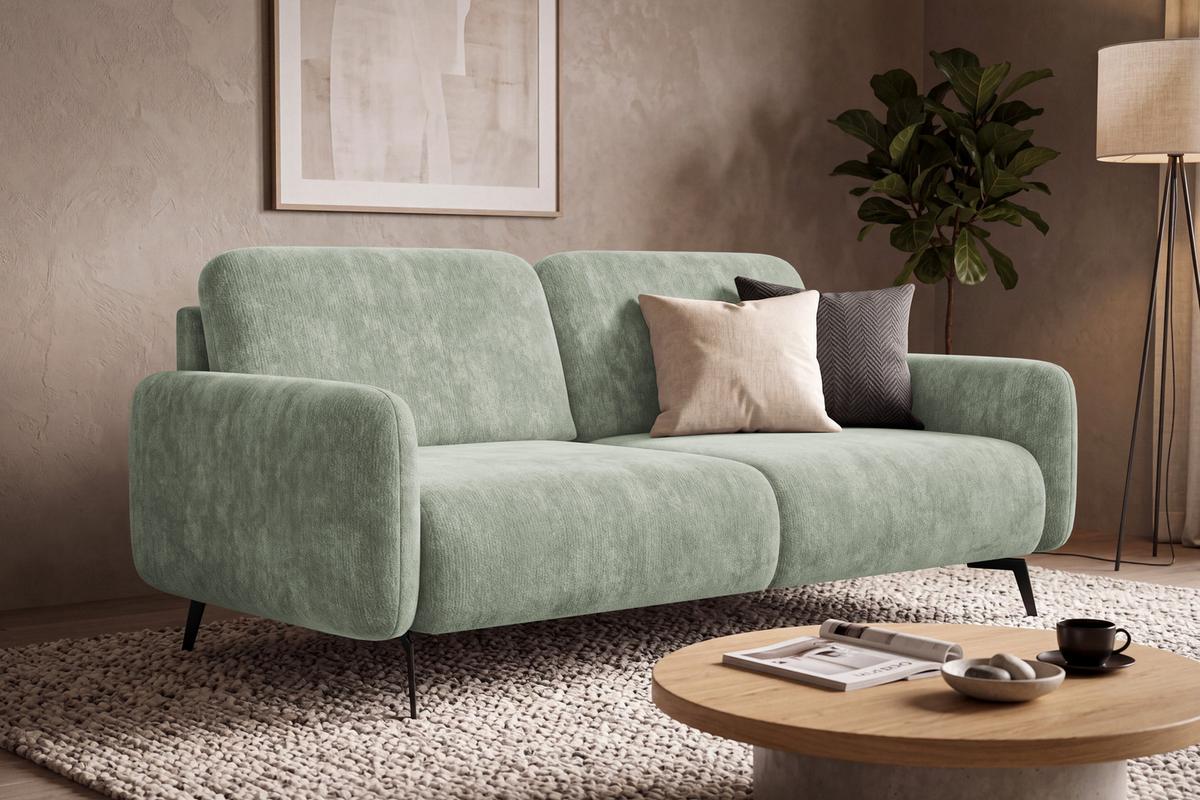 SOFA FEBE 3-Sitzer, hellgrüner Chenille-Stoff - Schwarz/Hellgrün, Holz/Textil (190/82/96cm) - Wozimo