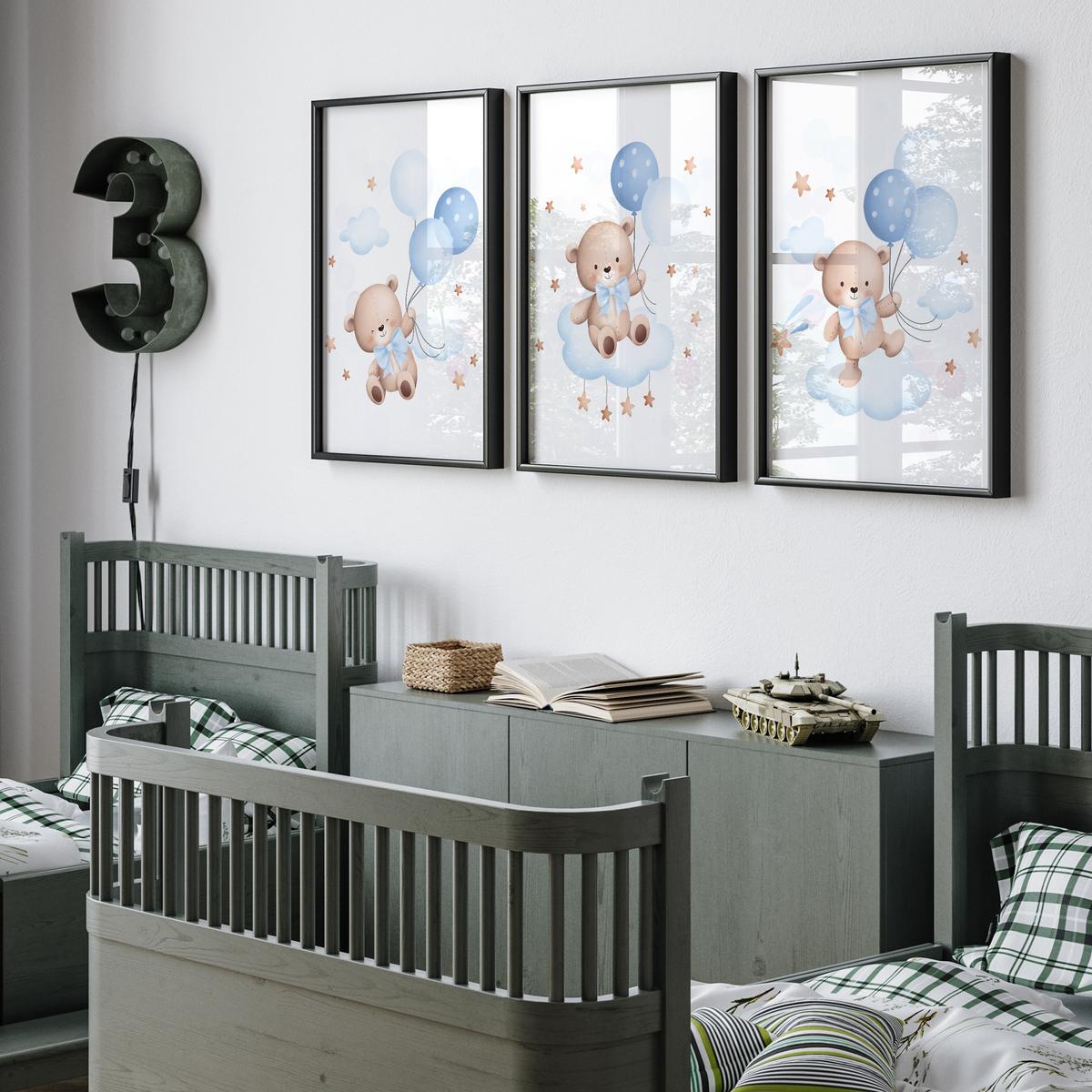 POSTER SET für Kinderzimmer Teddybären blauen Ballons Wolken Sterne 3x Poster A3 30x42cm - Gelb/Beige, Papier (30/42/1cm) - Muralo