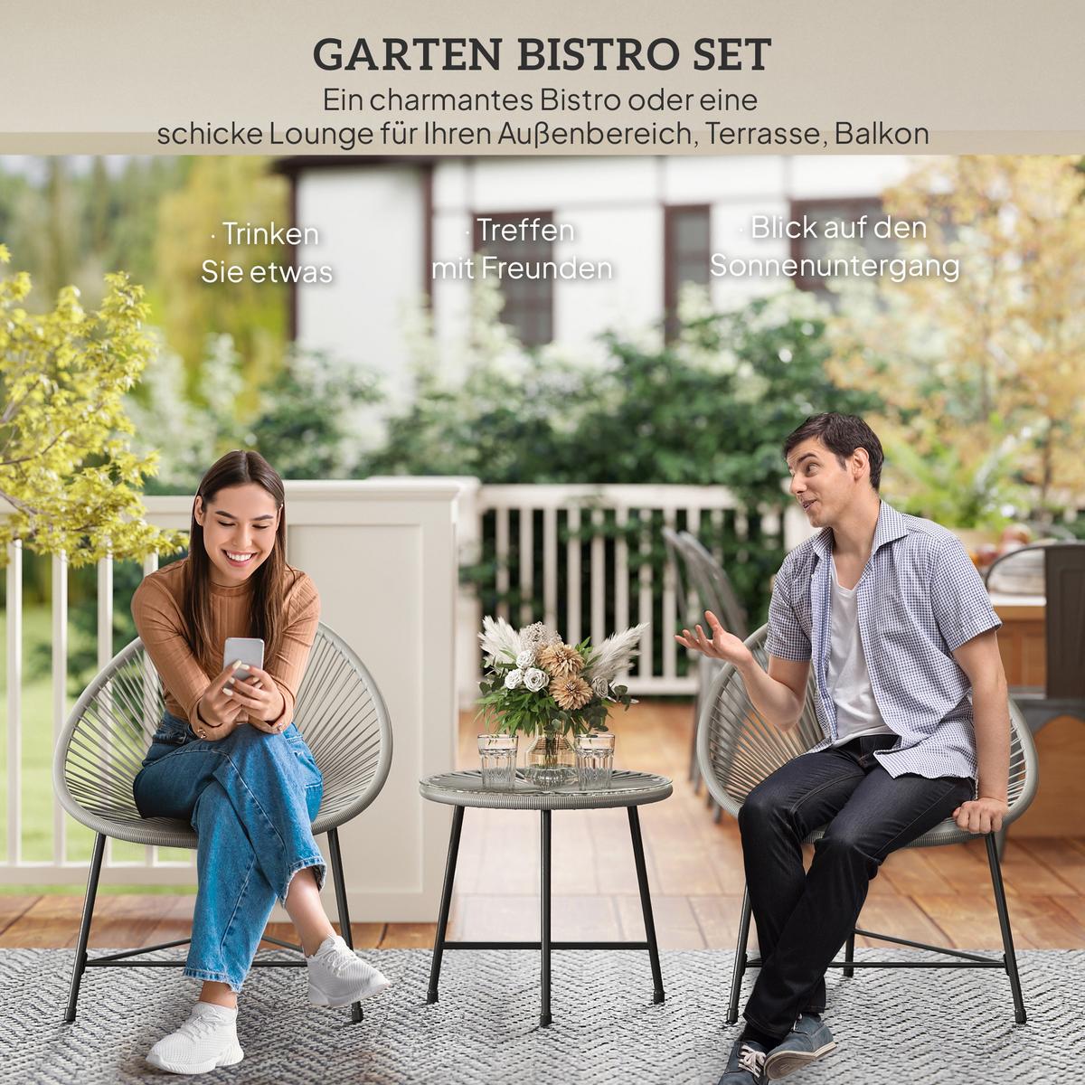 GARTENSET 3 TLG. Tisch mit Glasplatte Hellgrau - Schwarz/Grau, Kunststoff/Metall - Outsunny