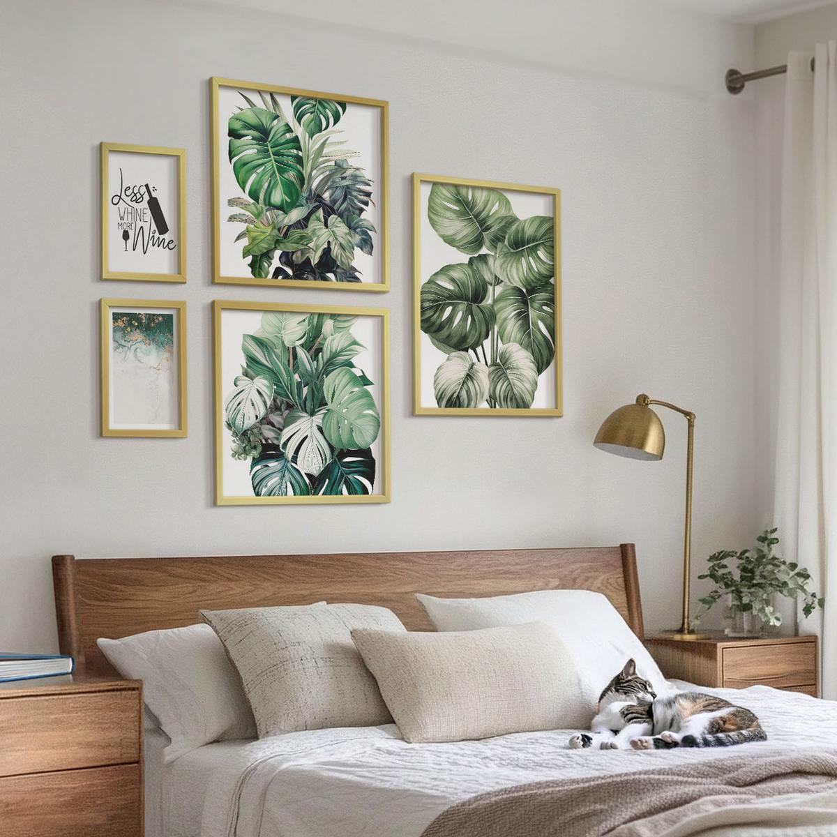 BILDER SET 5er Set - 50x50 cm & 20x30 cm & 40x60 cm Goldrahmen - Grüne Weinblätter - Goldfarben, Kunststoff (40/60cm) - TULUP